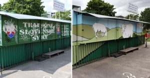 Maľby na stánkoch s tradičnými mliečnymi výrobkami