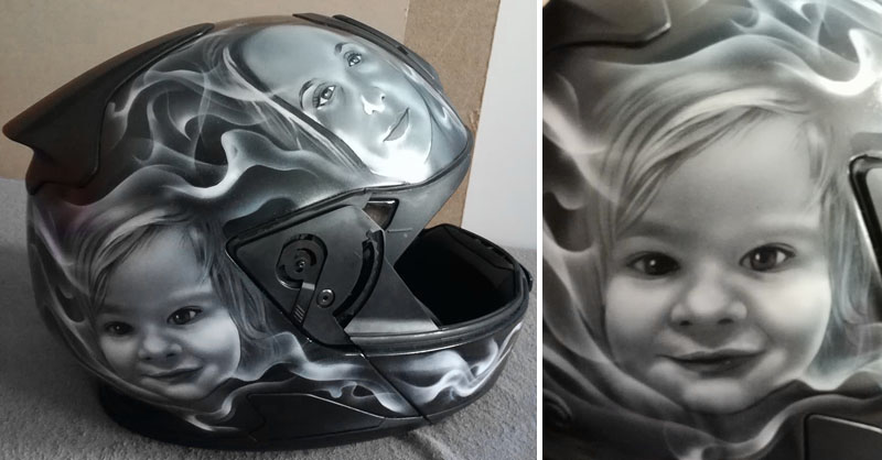 Airbrush maľba portrétov na moto prilbu